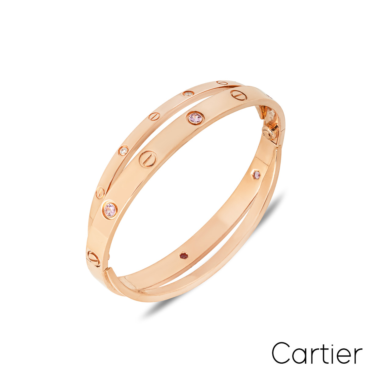 Cartier Rose Gold Half Diamond & Pink Sapphire Love Bracelet Size 17 N6705917